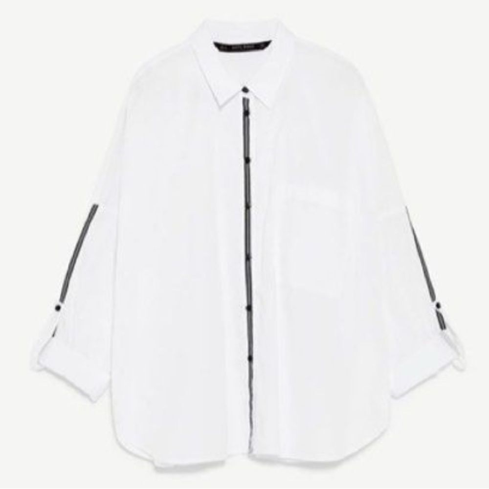 Zara Basic Editions White With Navy Contrast Piping Relaxed Button Down Shirt XS
